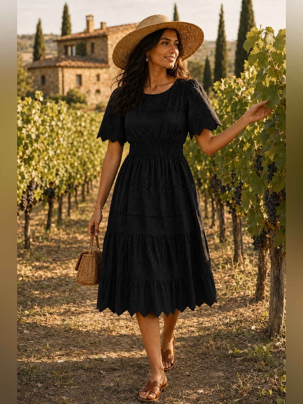 Valentina Naldi Black Cotton Eyelet Midi Dress Size S Made in Italy
